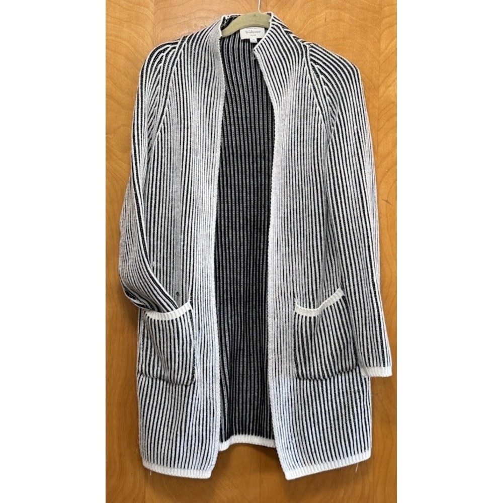 Bohme Womens Ribbed‎ Knit Cardigan Sweater Striped Duster Black White XS